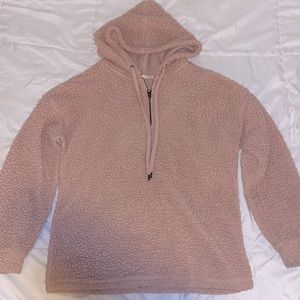 Pink faux fur sweater with hoodie.